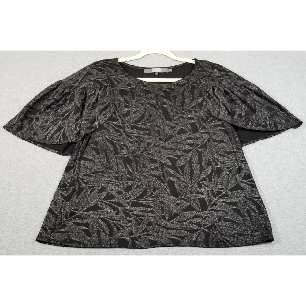 Eva Franco Blouse Women M Medium Black Silver Leaf See Through Flutter Sleeves